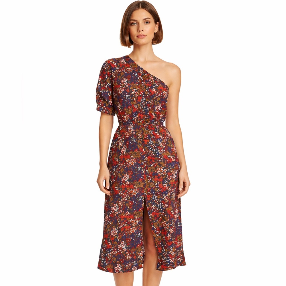 NWOT Apiece Apart One shoulder Palma Midi Dress in Red floral pattern, size XS